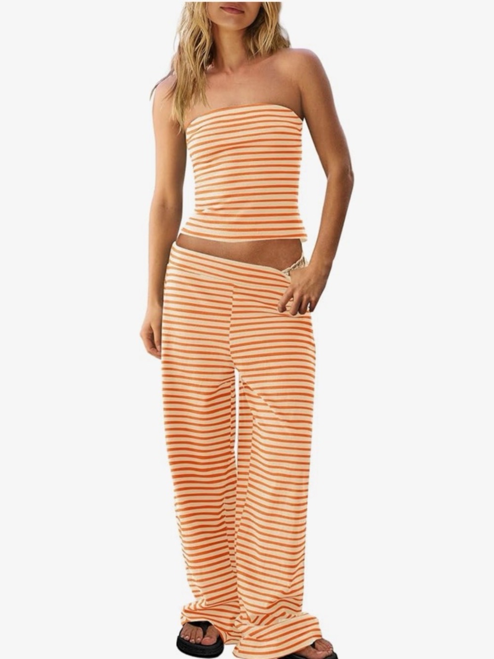 NWOT Striped Strapless Tube Top and Wide Leg Pants Set - Orange & Cream